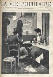 In einem Restaurant, ein Mann und eine Frau sind getrennt und essen zu Abend. Der Servicejunge hockt neben dem Mann und installiert einen heißen Ziegelstein unter seinen Füßen. Illustration von Alfons Maria Mucha (Alphonse Marie Mucha)