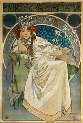 Plakat von Alphonse Mucha (1860-1939) zur Uraufführung des Balletts „Prinzessin Hyazinthe“ von Oskar Nedbal (1874-1930) am Nationaltheater in Prag mit der Schauspielerin Andula Sedláčková
