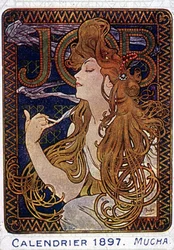 Plakat der Papierfabrik Job in Toulouse, erstellt vom Maler Mucha. 1897.