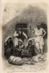 Bulgarische Arbeiter, nahe Sophia, Gravur nach der Zeichnung von A. De Neuville, zur Illustration der Reise nach Bulgarien, von Guillaume Lejean, 1867, veröffentlicht in „Le Tour du Monde“ 1873, herausgegeben von Edouard Charton, Hachette, Paris