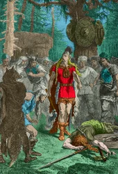 Clovis vor dem Krieger, den er nach der Beleidigung des Soissons-Vase getötet hat (Gravur)