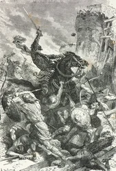Graf Eudes verteidigt Paris gegen die Wikingerinvasion 885 (Gravur)
