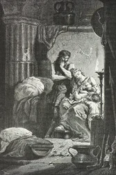 Eponine de Langres stillt das Kind von Julius Sabinus in einer Höhle (Gravur)