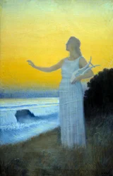Hymne an das Meer. Junge Frau mit einer Leier, dem Meer zugewandt. Die Figur erinnert an die griechische Dichterin der Antike Sappho. 1900. Privatsammlung