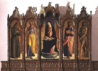 Polyptychon zeigt (zentrales Panel) Madonna und Kind auf dem Thron; St. Dominikus und St. Petrus (linke Panels); St. Paulus und St. Johannes der Täufer (rechte Panels)