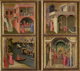 Vier Szenen aus dem Leben des Heiligen Nikolaus: Der Heilige Nikolaus gibt drei Mädchen ihre Mitgift; Der Heilige Nikolaus wird zum Bischof von Myra gewählt; Wiederbelebung eines vom Teufel erwürgten Jungen; Befreiung von Myra aus der Hungersnot