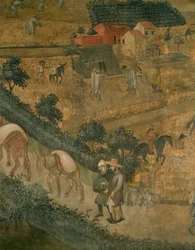 Landschaft mit Eseln, die Säcke tragen