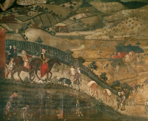 Landschaft mit Bauern und einer Jagdgesellschaft