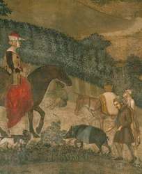 Bauern mit einem schwarzen Schwein und einem Esel