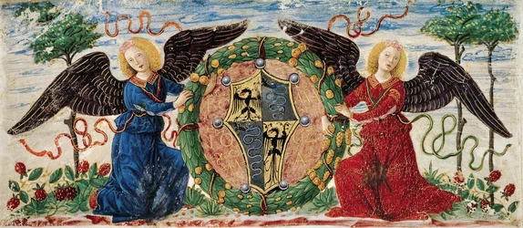 Engel halten Schild mit dem Wappen der Sforza, burgundisches Miniaturpergament