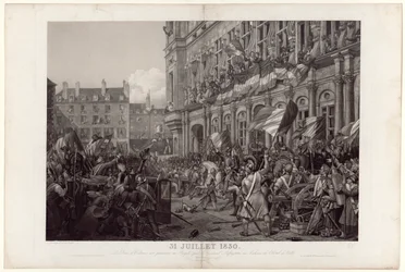 Der Herzog von Orléans wird dem Volk vom General La Fayette am Balkon des Hôtel de Ville am 31. Juli 1830 vorgestellt.