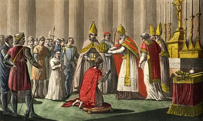 Karl der Große (742-814) gekrönt von Papst Leo III. (ca. 750-816) in der Basilika St. Peter in Rom am 25. Dezember 800 - Heiligsprechung (Krönung) von Karl dem Großen (742 - 814) im Jahr 800 durch Papst Leo III. Entworfen und graviert von Ambroise Tardieu 