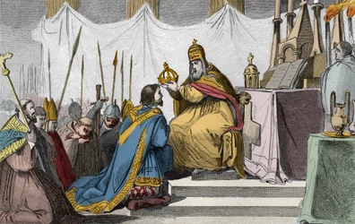Karl der Große (742-814), gekrönt von Papst Leo III. (ca. 750-816) im Petersdom in Rom am 25. Dezember 800 - Salbung (Krönung) Karls des Großen (742-814) im Jahr 800 durch Papst Leo III. - Kupferstich von 1825 in „Geschichte Frankreichs, dargestellt durch