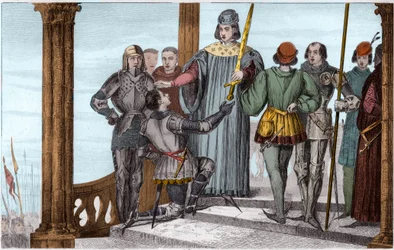 Karl V. (1358-80) der Weise überreicht sein Schwert an Duguesdin - Karl V. Le sage (1338-1380) überreicht feierlich das Schwert des Konnetabels Bertrand du Guesclin (1320-1380) - Gravur 1825 in „Histoire de France“