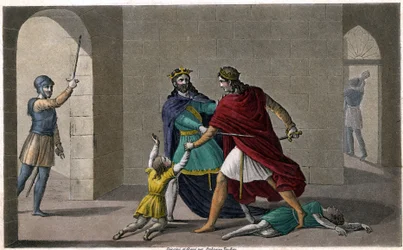 Childebert I. lässt Chlothar die Kinder ihres Bruders Chlodomir, König von Orléans, abschlachten, dessen Staaten sie teilen. Entworfen und graviert von Ambroise Tardieu im Jahr 1825