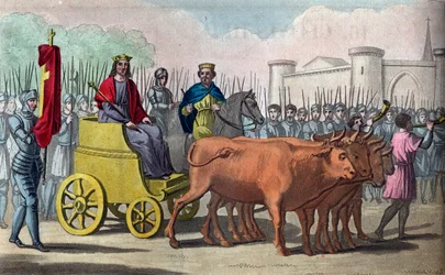 Chlodwig III (gestorben 695), Merowinger-Dynastie, König von Austrasien von 691 bis 695. Pepin von Heristal setzt die Krone auf den Kopf von Chlodwig III - Zeichnung und Gravur von Ambroise Tardieu, 1825