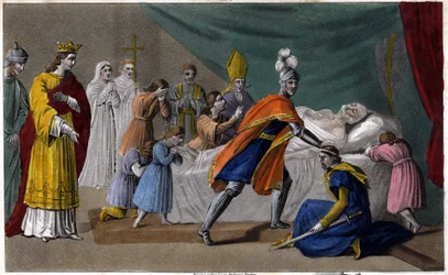 Tod von Pippin von Herstal (635-714) umgeben von seiner Familie - Tod von Pippin von Herstal (Großvater von Pippin dem Kurzen), umgeben von seiner Familie und in Anwesenheit von Dagobert III. (714) - Gezeichnet und graviert von Ambroise Tardieu im Jahr 182