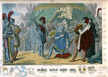 Franz I. von Frankreich bittet nach dem Sieg in der Schlacht von Marignano in Italien den Chevalier Bayard, ihn zum Ritter zu schlagen