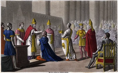 Ludwig II. wurde ein zweites Mal auf dem Konzil von Troyes von Johannes VIII. im Jahr 879 geweiht. Entworfen und graviert von Ambroise Tardieu im Jahr 1825.