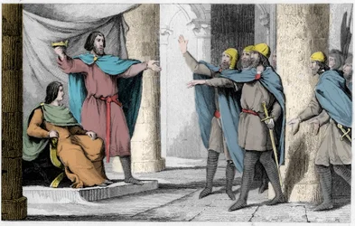 Ludwig V. der Faule zeigt seinen Anhängern 986 seine Krone - Ludwig V. der Faule (ca. 967-987), zum König von Frankreich ausgerufen durch den Schutz von Hugues Capet, der 986 König von Frankreich wurde - Gravur von 1825 in „Histoire de France“ dargestellt 
