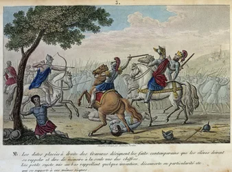 Merovee (447-458) trotzt Attila auf den Katalaunischen Feldern nahe Troyes mit Aetius und Theoderich I. Er ist der vermutliche König der Franken-Salier und gab der Merowinger-Dynastie ihren Namen. - gezeichnet und graviert von Ambroise Tardieu im Jahr 1825