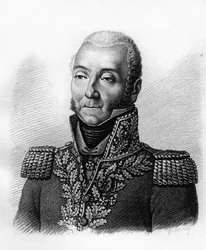 Porträt des Generals Jérôme Soules 1760-183. In „Portraits der französischen Generäle nach den Siegen und Eroberungen der Franzosen“. Graviert von Ambroise Tardieu im Jahr 1818. Stella Collection