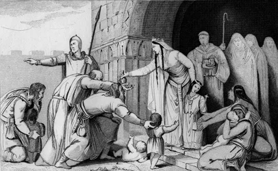 Königin Bathild 626 oder 627 bis 680 gibt den Armen Geld - Batilde (oder Bathilde, Frau von Clovis II) hebt eine Abgabe auf, die die Gallier pro Kopf zahlten, da einige Eltern, die zu arm waren, um zu zahlen, ihre Neugeborenen sterben ließen - Chelles Abbe