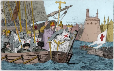 Siebter Kreuzzug: König Ludwig IX. (1214-1270) und die Kreuzfahrer belagern Damiette im Juni 1249 in Unterägypten - Siebter Kreuzzug ins Heilige Land 1248-50 - Ludwig IX. (1214-70) führt seine Truppen in die Schlacht - Gravur von 1825 in „Histoire de Franc