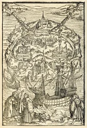 Karte der neuen Insel Utopia aus einer Ausgabe von 1518 der „Utopia“ von Sir Thomas More (1478-1535), erstmals 1516 veröffentlicht. Holzschnitt von Ambrosius Holbein (ca. 1494-ca. 1519), der die Insel mit dem Protagonisten zeigt