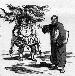 Freude von Rabelais, als er sieht, dass Gustave Doré sich vollständig mit den Männern seiner Schriften identifiziert. Karikatur von Cham. Gravur in „Le Monde Illustré“ Nr. 821 vom 4. Januar