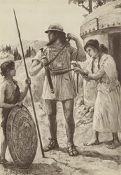 Ein italischer Bauer der Bronzezeit rüstet sich für den Kampf (Lithografie)