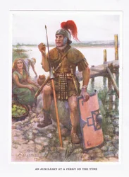 Ein Hilfstrupp an einer Fähre am Tyne, Illustration aus Der römische Soldat, 1928