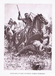 Hilfskavallerie greift germanische Stämme an, Illustration aus Der römische Soldat, 1928