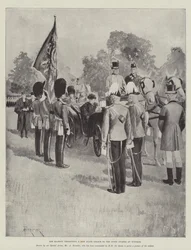 Ihre Majestät überreicht eine neue Staatsflagge an die Scots Guards in Windsor