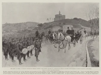 Die Königin in Cimiez, ein angenehmes Beispiel französischer Höflichkeit, Ihre Majestät wird von einem Bataillon französischer Infanterie gegrüßt, das zufällig auf der St Andre Road getroffen wurde