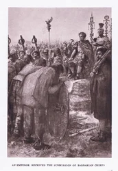 Der Kaiser empfängt die Unterwerfung barbarischer Häuptlinge, Illustration aus Der römische Soldat, 1928