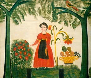Mädchen in Rot mit Blumen und einem Distelfink