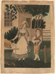 Frau und Junge mit Vorräten