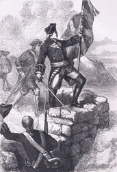 Washington pflanzt die britische Flagge am Fort Duquesne, Illustration aus Cassells Geschichte der Vereinigten Staaten, veröffentlicht von Cassell, Petter & Galpin, ca. 1900 (Litho)
