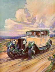 Ein Roadster aus den 1920er Jahren rast eine Schotterstraße hinunter