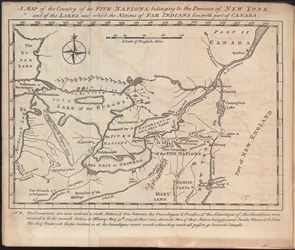Karte des Landes der Fünf Nationen, das zur Provinz New York gehört; und der Seen, in deren Nähe die Nationen der fernen Indianer leben, mit einem Teil von Kanada, von Cadwallader Colden