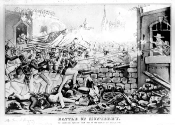 Schlacht von Monterey: Die Amerikaner erkämpfen sich ihren Weg zum Hauptplatz, 23. September 1846, graviert und veröffentlicht von Nathanial Currier (1813-88)
