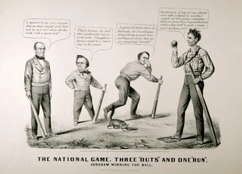 Karikatur, die Abraham Lincoln (1809-65) zeigt, wie er den Ball gegen seine Gegner Douglas, Bell und Breckenridge bei der Präsidentschaftswahl von 1860 gewinnt