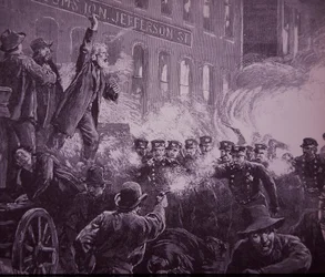 Chicago Haymarket-Arbeiteraufstand von 1886, Stich veröffentlicht in Harper