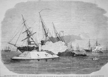Konföderierte Panzerschiffe greifen die Bundesblockade vor Charleston an, 4. April 1863