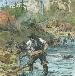 Goldwäsche in Kalifornien, aus einem Buch veröffentlicht 1896 (handkolorierte Gravur)