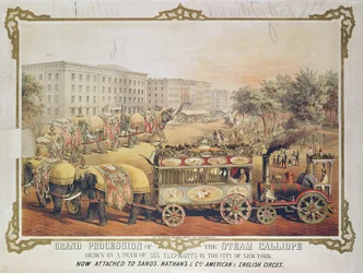 Große Prozession der Dampfkalliope, gezogen von einem Team von sechs Elefanten in der Stadt New York, 1857