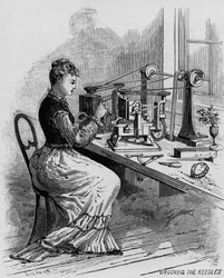 Rillen der Nadeln, Illustration zur Nähmaschinenherstellung aus der Zeitschrift Scientific American, 1879