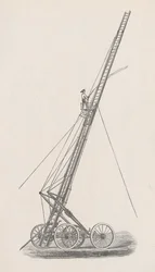 Illustration des Schlauchaufzugs und Wagens Nr. 1 aus dem Bericht des Polizeivorstands der Feuerwehr an den Stadtrat von Chicago, S. 70., 1872