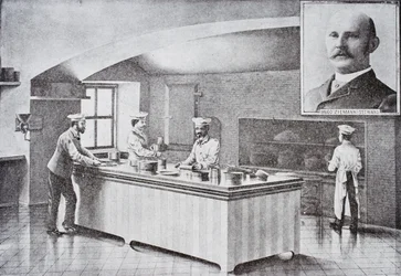 Küche des Weißen Hauses in den 1890er Jahren, mit Porträt von Hugo Ziemann